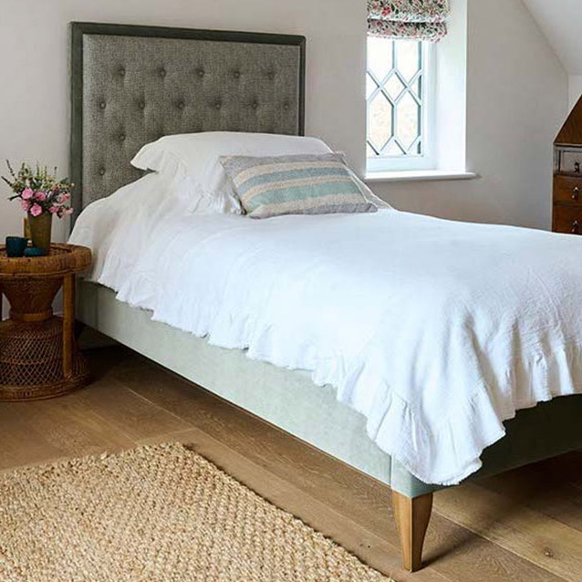 Camden Single Bed in RHS Collection Gertrude Jekyll Lattice Duck Egg and Linwood Omega Velvet Duck Egg